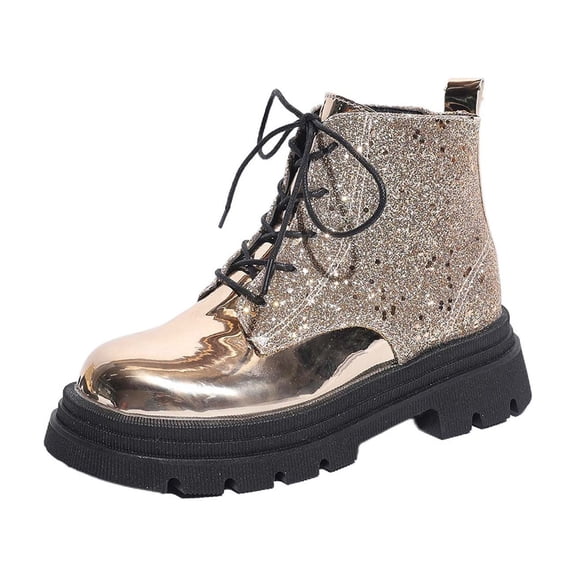 Stylish ’s Ankle Boots With Round Toe Style Paneling Sparkling Platform Thick Heel Lace Up Western Boots