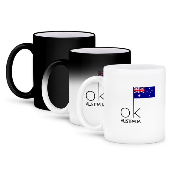 3dRose, Stylish text OK AUSTRALIA and an image of the Australian flag, 11oz Magic Transforming Mug