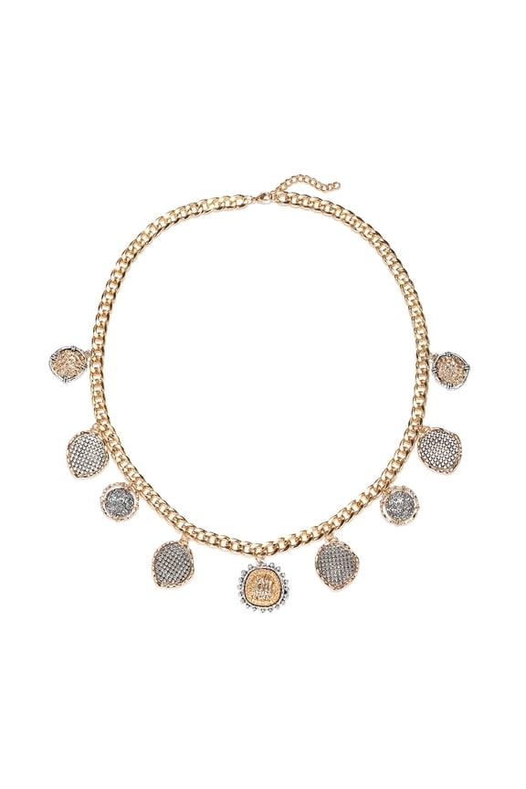 Stylish two-tone geometric coin pendant necklace, European and American vintage handmade clavicle chain for women