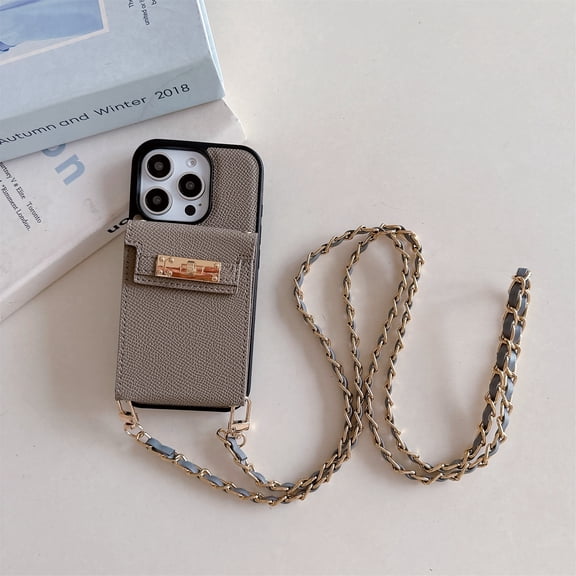 Stylish wallet shoulder strap metal chain phone case for iPhone 16 Pro Max 15pro 14 13 12 Lady leather card holder cover