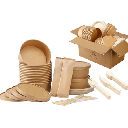 StylishMe Paper Bowls with Lid, Wood Cutlery Set, 105 Biodegradable Brown Round Bowls