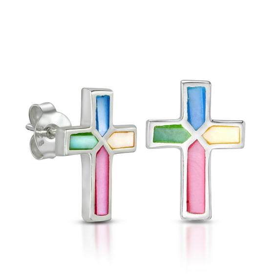 Stylishly Elegant Multi Colored Shell Inlaid Sterling Silver Cross Earrings