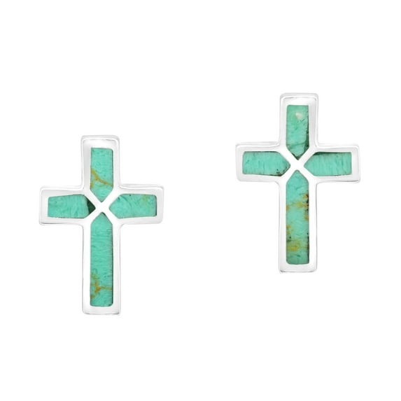 Stylishly Elegant Simulated Turquoise Inlaid Sterling Silver Cross Earrings