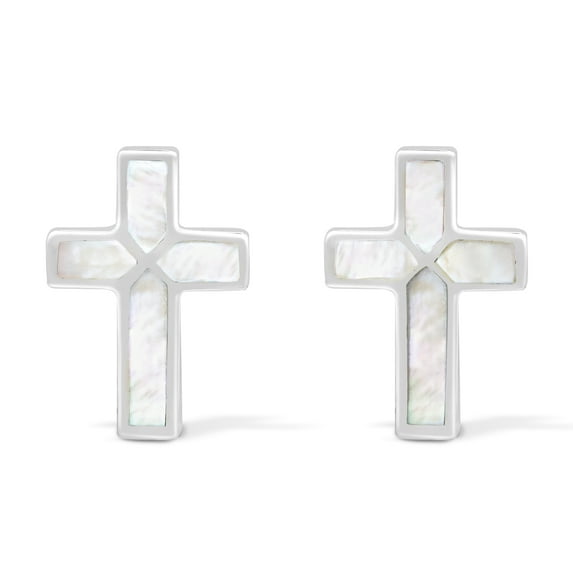 Stylishly Elegant White Shell Inlaid Sterling Silver Cross Earrings