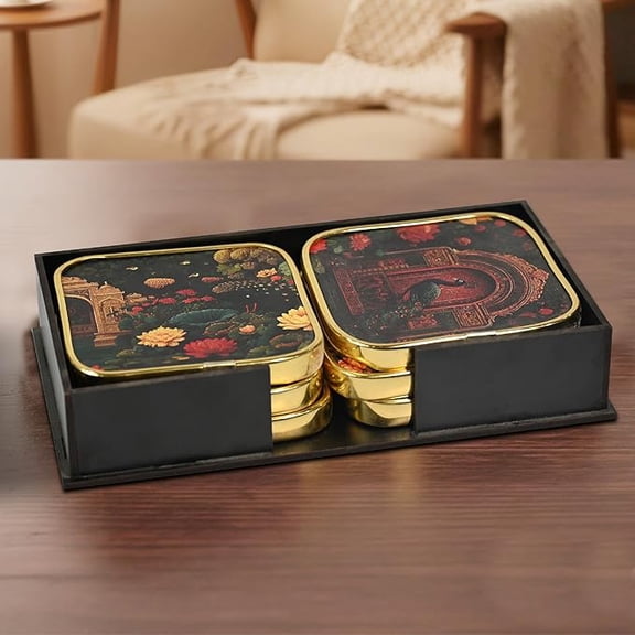 Stylist Modern Wooden Coasters with Golden Border | Set of 6 | Stand Included Premium Handmade Coaster for Tea Cups, Coffee Mugs, Beer Mugs, 10 by 10 cm (Rajasthani Pattern)