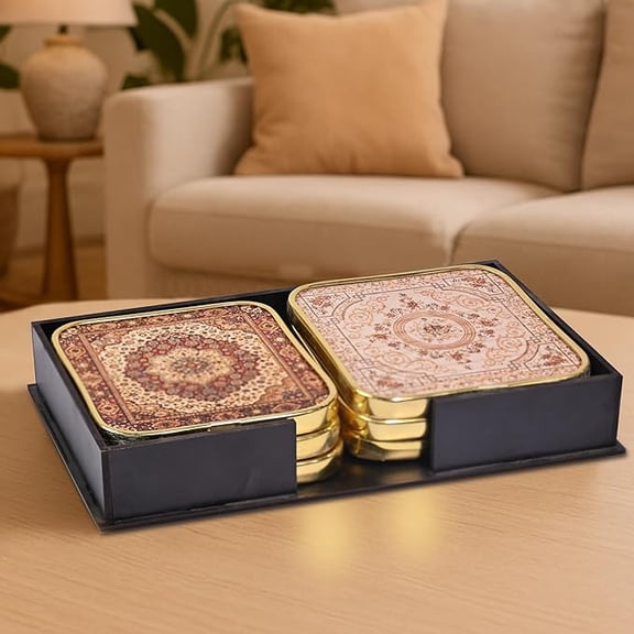 Stylist Modern Wooden Coasters with Golden Border | Set of 6 | Stand Included Premium Handmade Coaster for Tea Cups, Coffee Mugs, Beer Mugs, 10 by 10 cm (Vintage Pattern)