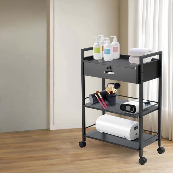 Stylist Utility Cart, MDF 3-Tier Mobile Cabinet with Secure Drawer & Swivel Wheels, Ideal for Salon Tools, Tattoo Supplies, and Makeup Artist Storage
