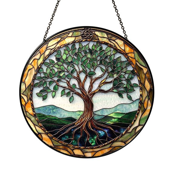 Stylized Ancient Tree Stained Glass Style Suncatcher – Round Window Hanging