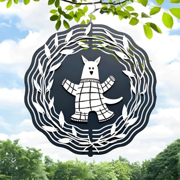 Stylized Animal Metal Wind Spinner - Fox Wolf in Checkered Sweater with Leaf Wreath - Unique Garden Decor for Yard & Patio
