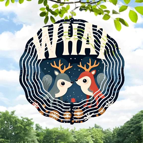 Stylized Animal Wind Spinner - Metal Hanging Chime with Squirrels Deer Design Circular Pattern Wintery Sky Perfect for Yard & Garden
