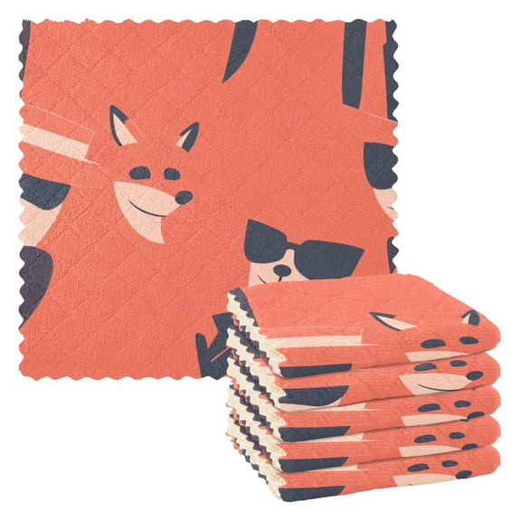 Stylized Animals Pattern 6 Pack Kitchen Cleaning Cloths 11'' x 11'', Super Absorbent, Soft Double Layer Plush for Dish and Surface Cleaning