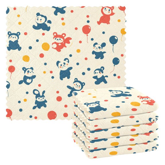 Stylized Animals Pattern 6 Pack Kitchen Cleaning Cloths 11'' x 11'', Super Absorbent, Soft Double Layer Plush for Dish and Surface Cleaning