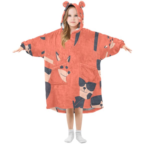Stylized Animals Pattern Wearable Blankets Hoodie Oversize Sherpa Wearable Soft Blanket Warm Cozy 3-14 Age
