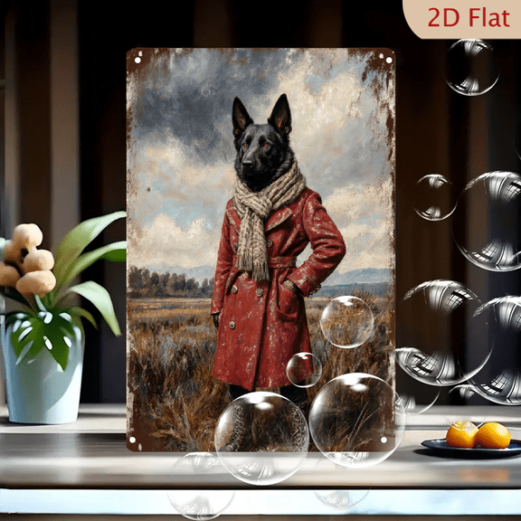 Stylized Anthropomorphic German Shepherd in Red Trench Coat with Scarf, Vintage Rustic Border Wall Art, 8x12 Inches Metal Tin Sign for Home Decor