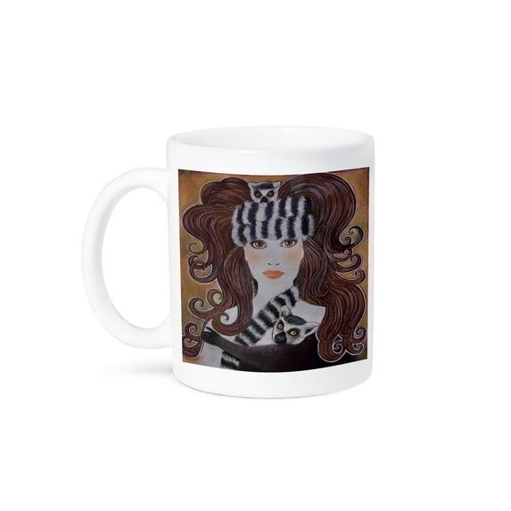 3dRose, Stylized art Lemurs wild animal Madagascar Woman hat whimsical pastel painting, 11oz Mug