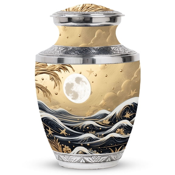 Stylized Artistic Depiction of Ocean Waves under a Moonlit Sky Feminine Farewell - Large Elegant Urns for Adult Female Ashes, Graceful Tribute - Funeral Urns For Human Ashes - Memorial Urns 10 Inch