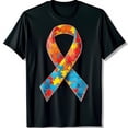thumbnail image 1 of Stylized Awareness Ribbon T-Shirt Colorful Piece Design on Black Tee, 1 of 5