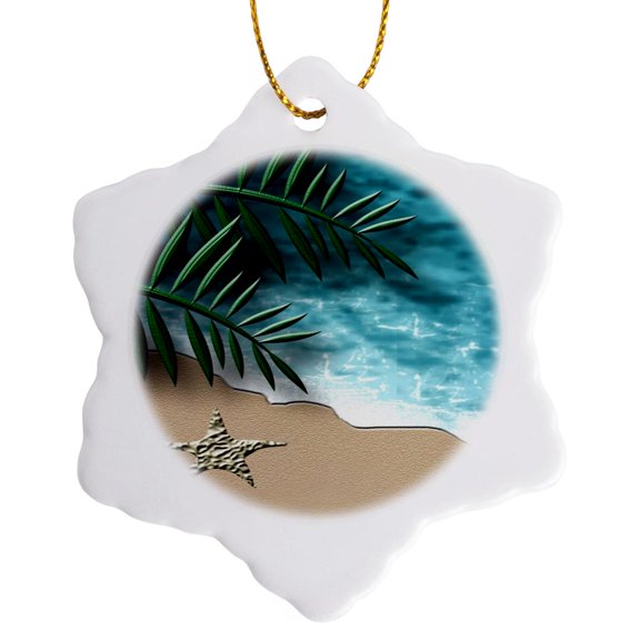 3drose, Stylized Beach Scene Shoreline Ocean Sand Starfish, 3 inch Snowflake Porcelain Ornament