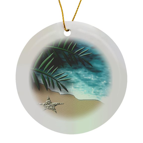 3drose, Stylized Beach Scene Shoreline Ocean Sand Starfish, Circle Porcelain Ornament