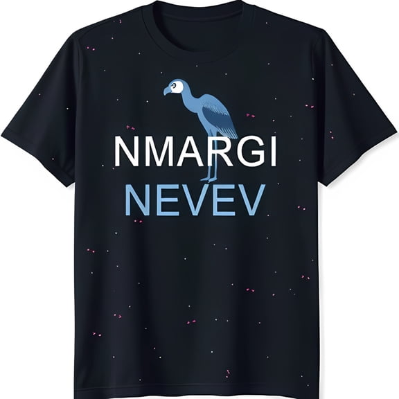 Stylized Bird Graphic T-Shirt Dark Blue with 'NMARGI NEVEV' Print & Colorful Dots