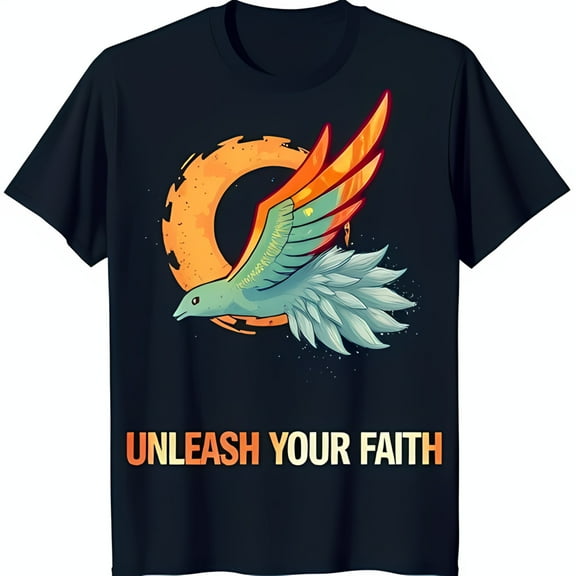 Stylized Bird Graphic on Black T-Shirt Unleash Your Faith Design