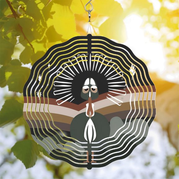 Stylized Bird Metal Hanging Wind Spinner & Chime - Dark Green with White Accents Layered Brown Background for Yard & Garden Decor