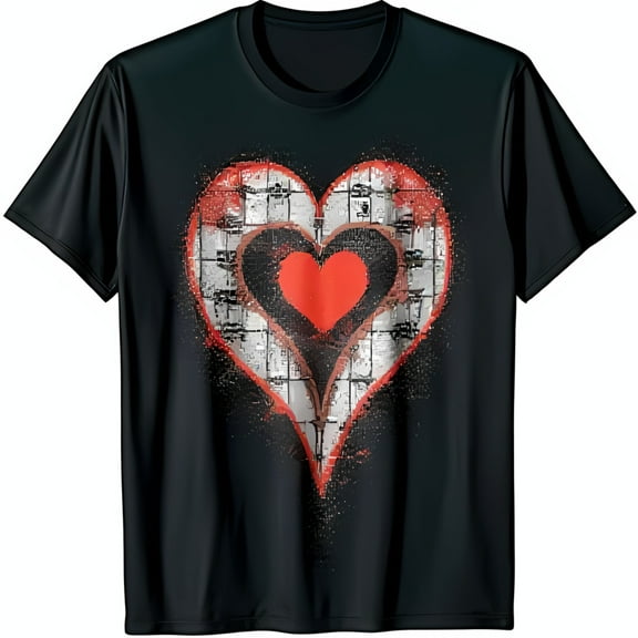 Stylized Black Graphic Tee with Grunge Heart Design and Red Highlights