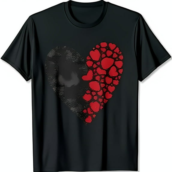 Stylized Black T-Shirt with Abstract Red Heart Design Made of Smaller Hearts Neck