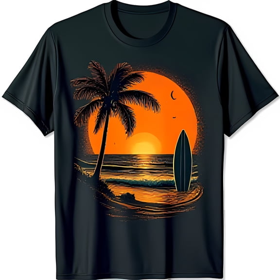 Stylized Black T-Shirt with Beach Scene Graphic Tree Sunset & Surfboard