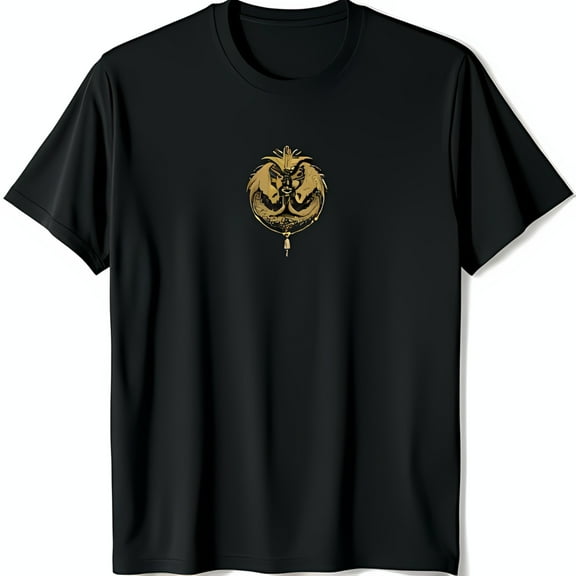 Stylized Black T-Shirt with Gold Winged Creature and Crown Design Mythical Art