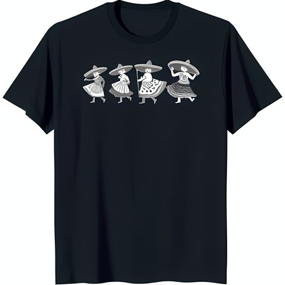 Stylized Black T-Shirt with Minimalist Graphic of Four Women in Traditional Mexican Attire