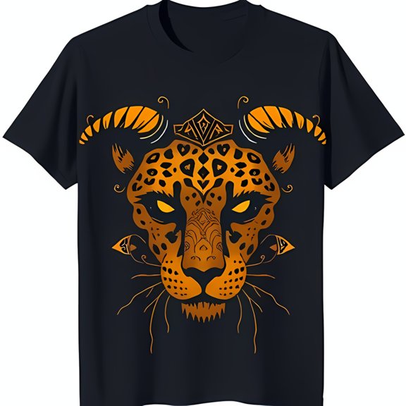 Stylized Black T-Shirt with Mystical Face Graphic & Crown