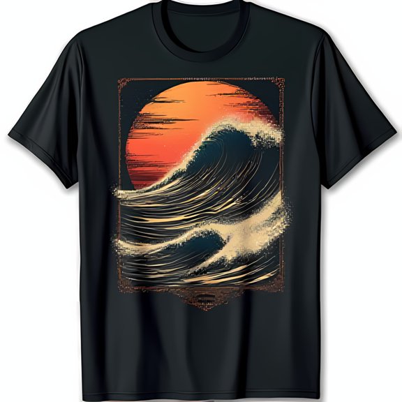 Stylized Black T-Shirt with Pixilated Wave and Fiery Sunset Graphic