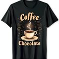 thumbnail image 1 of Stylized Black T-Shirt with Steaming Coffee Cup & Floral Motifs Coffee & Chocolate Design, 1 of 5