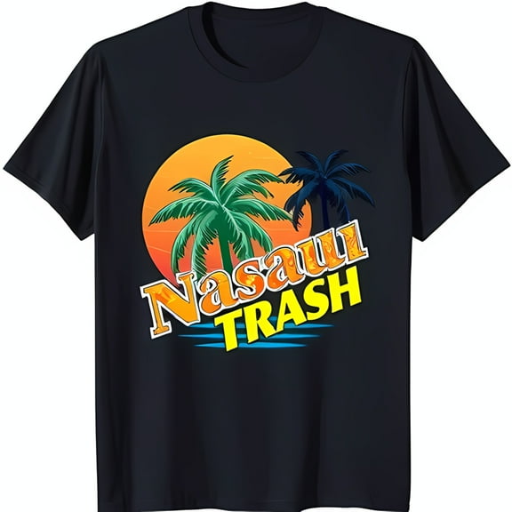 Stylized Black T-Shirt with Sunset Trees & 'Nassau ' Graphic Design