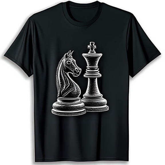 Stylized Black T-Shirt with White Chess and King Design Unique Graphic Tee