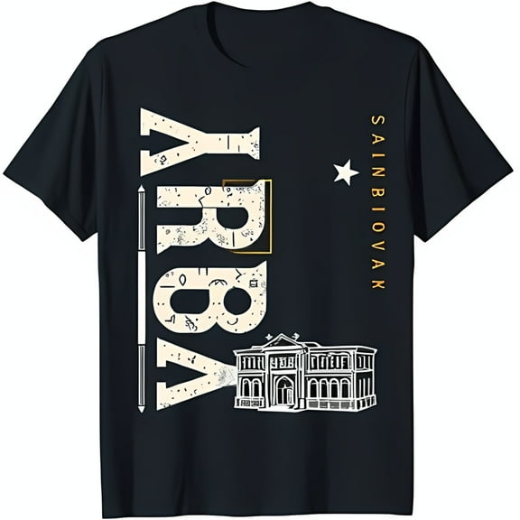 Stylized Black T-Shirt with 'YRYA' Text Star 'SAIN BIOVAK' and Building