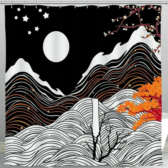 Stylized Black and White Nocturnal Landscape Shower Curtain with Cherry Blossoms and Full Moon