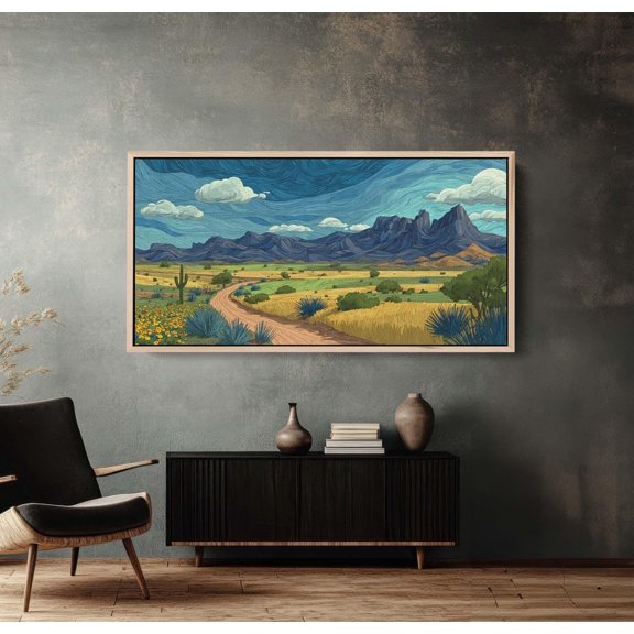 Stylized Blue Mountain Desert Path Portrait Decor Unframed Paper Print
