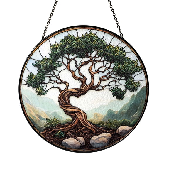 Stylized Bonsai Tree Window Hanging – Faux Stained Glass Decor