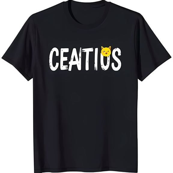 Stylized 'CEATIUS' Black T-Shirt with Cute Yellow Cartoon Cat Face Design