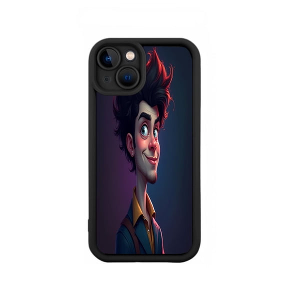 Stylized Cartoon Character iPhone 15 Case - Lightweight Yellowing Resistant Blue Shirt & Brown Suspenders Design Dark Blue & Purple Gradient Background