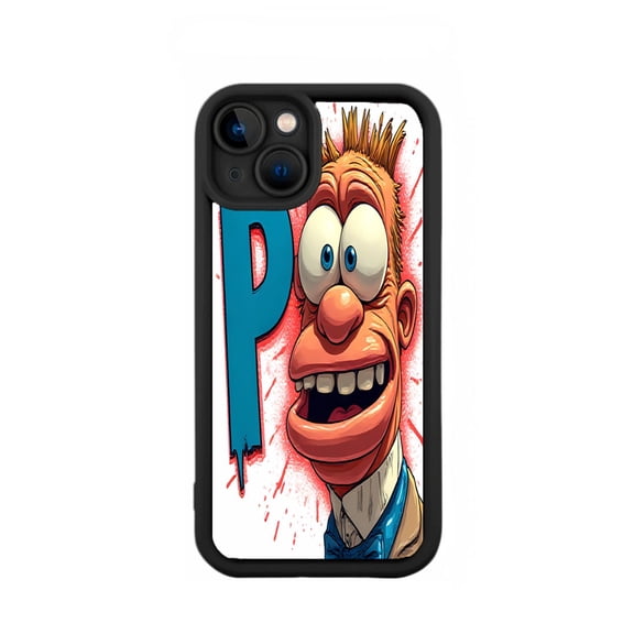 Stylized Cartoon Character iPhone 15 Case - Lightweight Yellowing Resistant Bold Blue ' P ' Design with Red Splatter Effect