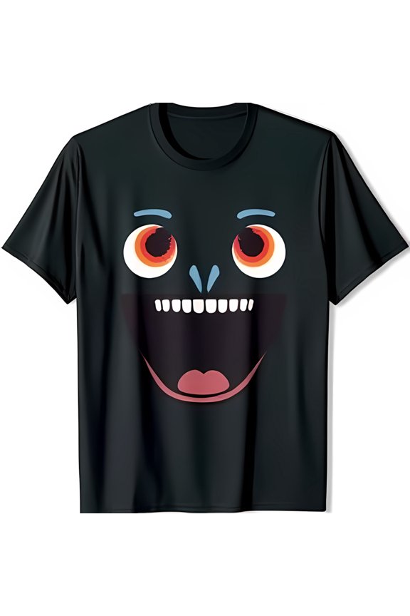 Stylized Cartoon Face Black T-Shirt with Expressive Eyes & Grinning Mouth