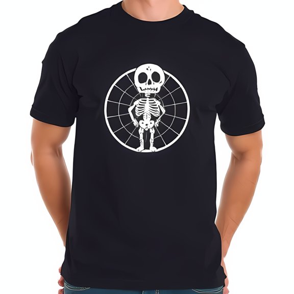 Stylized Cartoon Skeleton Graphic Cotton Short Sleeve T-Shirt - Whimsical Design on Dark Navy Blue