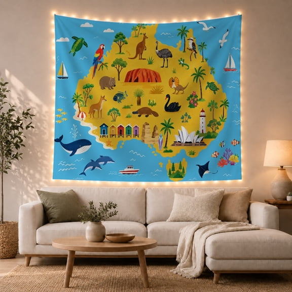 Stylized Cartoonish Map With Australia Landmass Sky, Mystical Fantasy for Space Lovers, Galaxy Room Decor, Mother's Day Gift, Tapestry Wall Hanging for Bedroom and Dorm