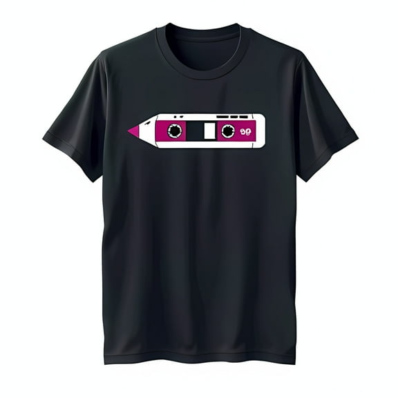Stylized Cassette Tape Graphic Black T-Shirt with Pink Accents Retro Music Tee