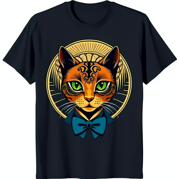 Stylized Cat Face Graphic T-Shirt Playful Design on Black Tee