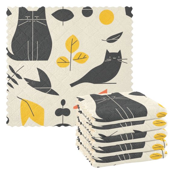 Stylized Cat and Leaves 6 Pack Kitchen Cleaning Cloths 11'' x 11'', Super Absorbent, Soft Double Layer Plush for Dish and Surface Cleaning