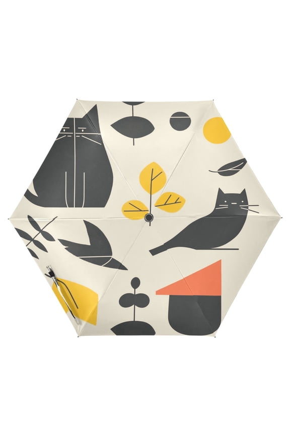 Stylized Cat and Leaves Folding Umbrella UV50+ Waterproof Sun Protection Auto Open Close Compact Fiberglass Frame